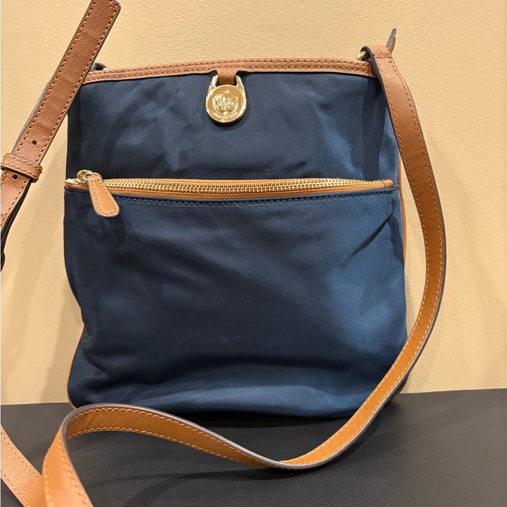 Michael Michael Kors Navy Nylon Crossbody with Tan Leather Trim